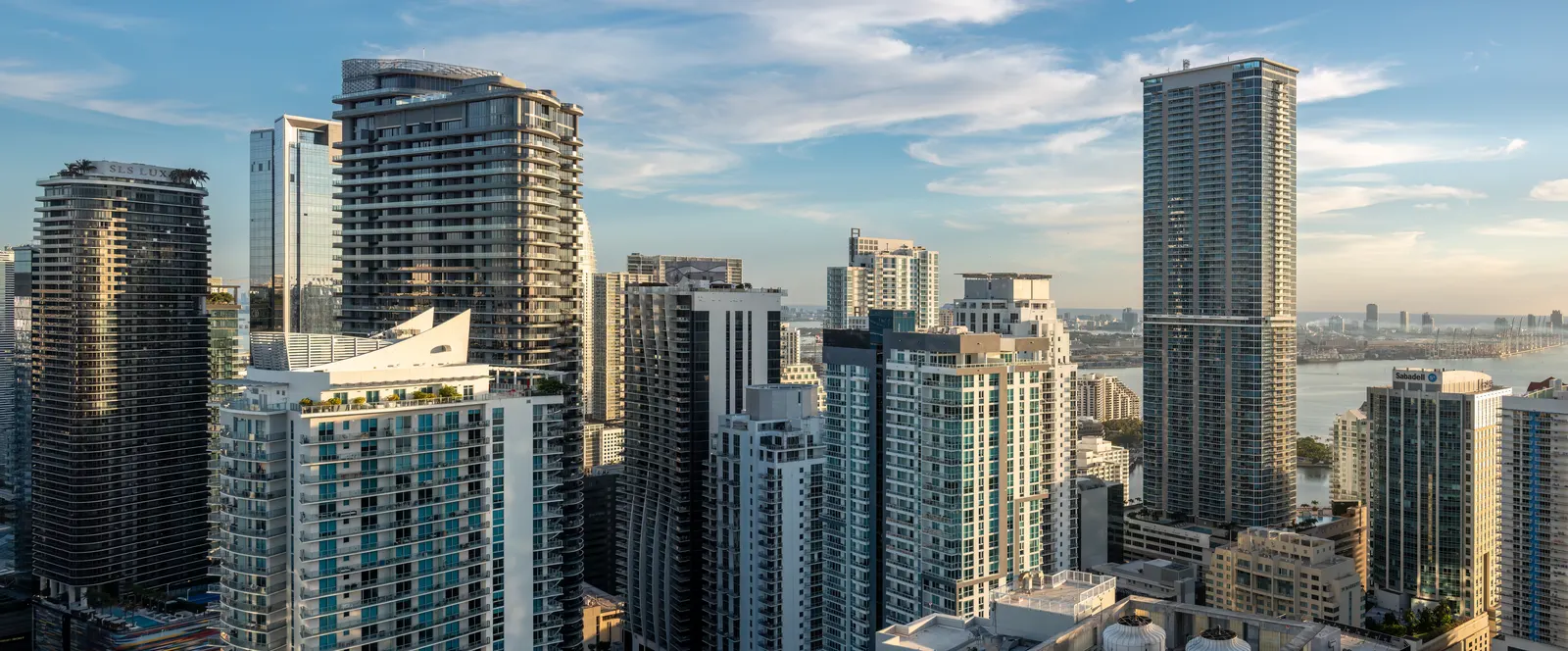 Brickell high-rise skyline in Miami with Biscayne Bay in the distance